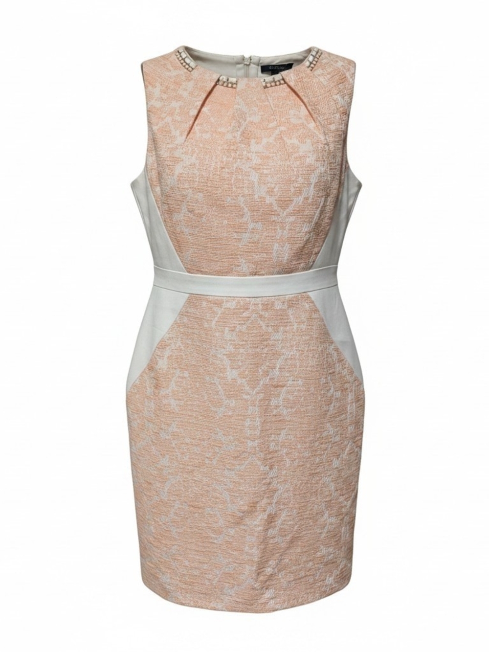 ANTONIO MELANI Peach and White Sheath Dress with Jewel Neck Size 8
